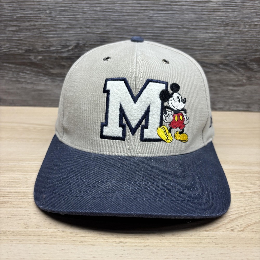 Vintage Disneyland Mickey Mouse Hat Cap Strap Back Mens Tan Blue Embroidered 90s